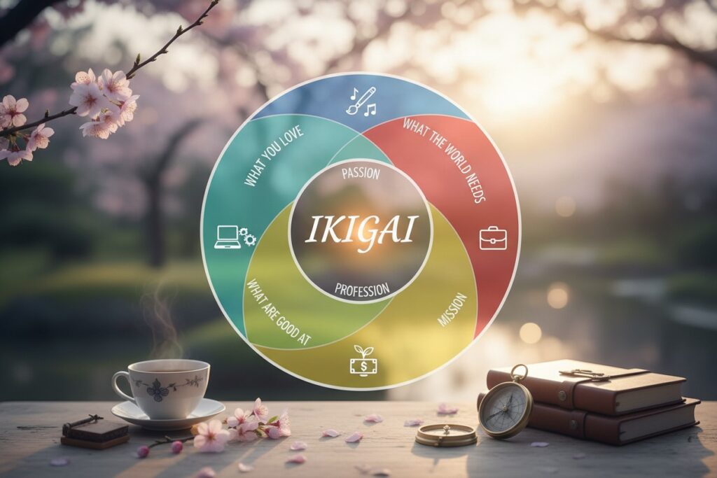 Diagram koncepcji Ikigai przedstawiający przenikające się obszary pasji, misji, powołania i profesji na tle rozmytego krajobrazu z kwiatami wiśni, filiżanką kawy i kompasem.
