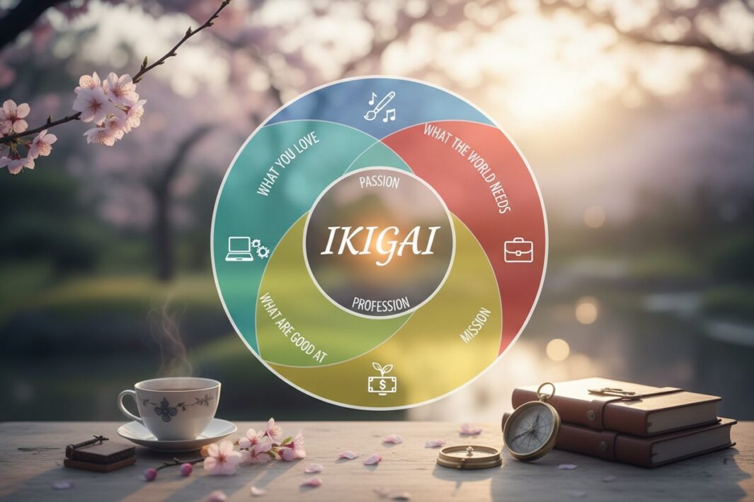 Diagram koncepcji Ikigai przedstawiający przenikające się obszary pasji, misji, powołania i profesji na tle rozmytego krajobrazu z kwiatami wiśni, filiżanką kawy i kompasem.