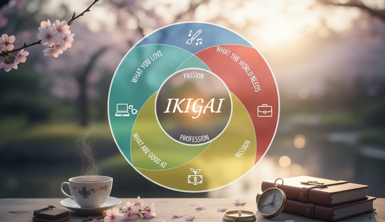 Diagram koncepcji Ikigai przedstawiający przenikające się obszary pasji, misji, powołania i profesji na tle rozmytego krajobrazu z kwiatami wiśni, filiżanką kawy i kompasem.