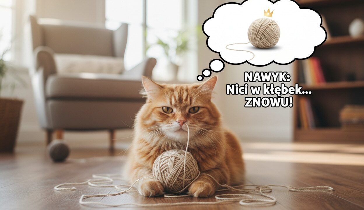 Rudy kot leży na podłodze z kłębkiem nici, a nad nim znajduje się dymek z napisem „NAWYK: Nici w kłębek... ZNOWU!”.
