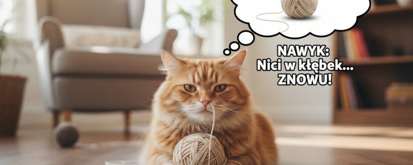 Rudy kot leży na podłodze z kłębkiem nici, a nad nim znajduje się dymek z napisem „NAWYK: Nici w kłębek... ZNOWU!”.