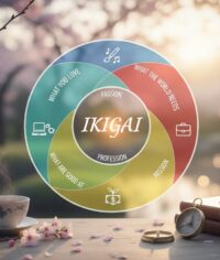 Diagram koncepcji Ikigai przedstawiający przenikające się obszary pasji, misji, powołania i profesji na tle rozmytego krajobrazu z kwiatami wiśni, filiżanką kawy i kompasem.