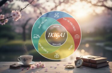 Diagram koncepcji Ikigai przedstawiający przenikające się obszary pasji, misji, powołania i profesji na tle rozmytego krajobrazu z kwiatami wiśni, filiżanką kawy i kompasem.