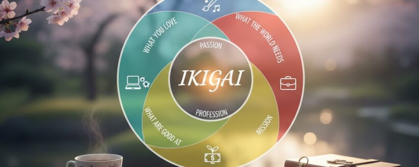 Diagram koncepcji Ikigai przedstawiający przenikające się obszary pasji, misji, powołania i profesji na tle rozmytego krajobrazu z kwiatami wiśni, filiżanką kawy i kompasem.