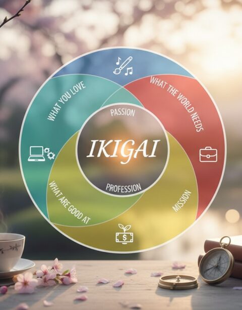 image Diagram koncepcji Ikigai przedstawiający przenikające się obszary pasji, misji, powołania i profesji na tle rozmytego krajobrazu z kwiatami wiśni, filiżanką kawy i kompasem.
